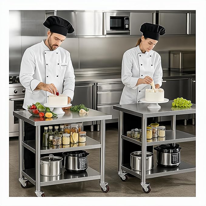 Stainless Steel Table with Wheels for Food Preparation and Work, Multi-Size Optional, Three-Layer Variable Two-Layer Metal Commercial Workbench Outdoor, Restaurant, Kitchen (28" Lx24 Wx34 H)
