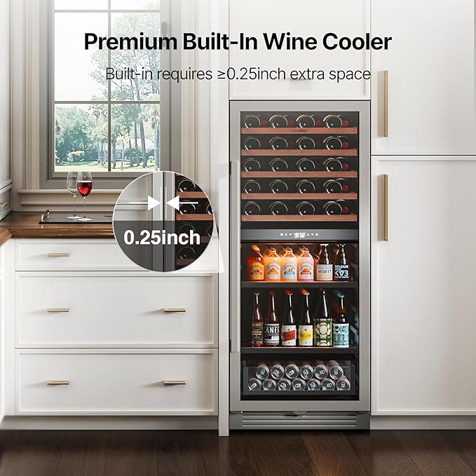 Ca'Lefort 24 Inch Wine Fridge - 112 Can & 40 Bottle Dual Zone Wine Cooler with Glass Door, 34-65°F Quiet Refrigerator with Bottom Drawer 3 LED Light Built-in for Home/Bar/Kitchen Right-Hinged Door