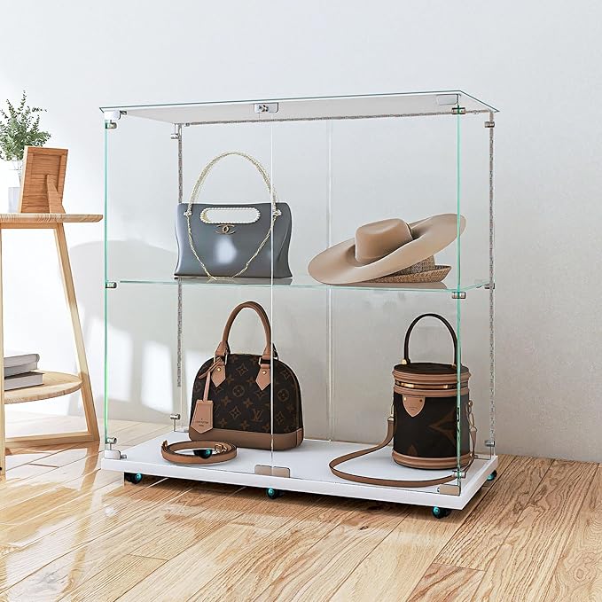 Yoluckea 2 Tiers Glass Display Cabinet with Bluetooth LED Light Strip, 2 Doors Floor Standing Curio Cabinet with Universal Wheel for Home, White Glass Bookshelf for Collections, Clear Top
