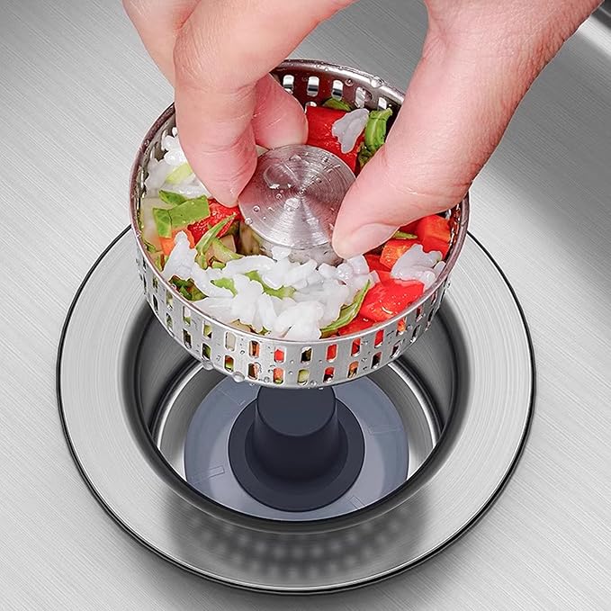 3 in 1 Pop Up Kitchen Sink Drain Strainer, with an Extra Basket Strainer, Kitchen Sink Drain Stopper for US Standard 3-1/2 Inch, Brass Material Electroplate Silver (Model C Stainless Steel)