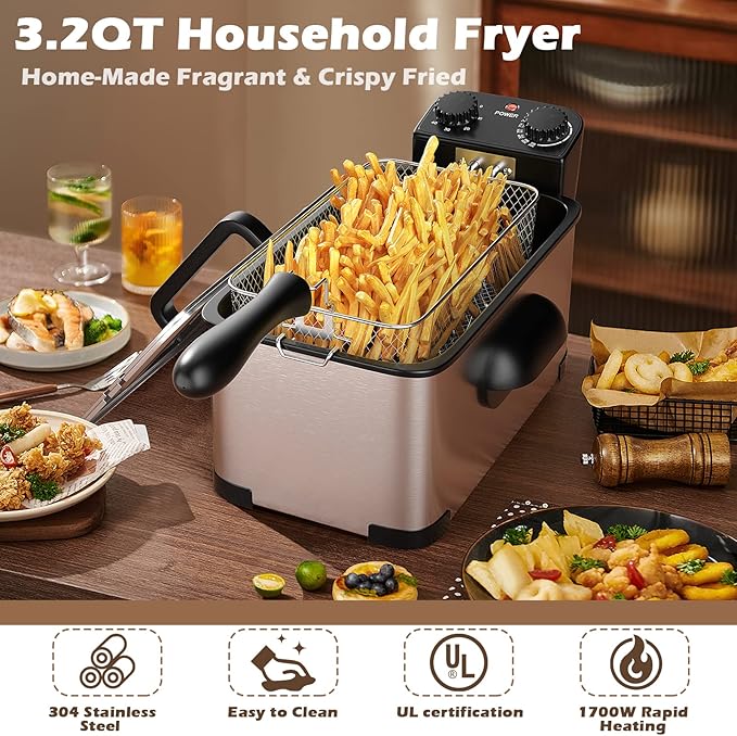 Simoe Deep Fryer with Basket, Electric Deep Fat Fryers w/Lid, 1700W Countertop Fryer with Timer and Temperature Knobs, 3.2 Quart, Fryers for Home, Kitchen Restaurant, Stainless Steel