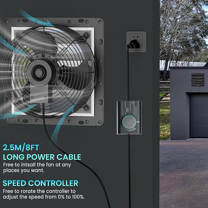 HG Power 16 Inch Shutter Exhaust Fan with Speed Controller, 1096 CFM High-Speed Vent Fan, Wall Mounted Attic Fan for Shed, Basement, Gable, Chicken Coop Ventilation Use, Black