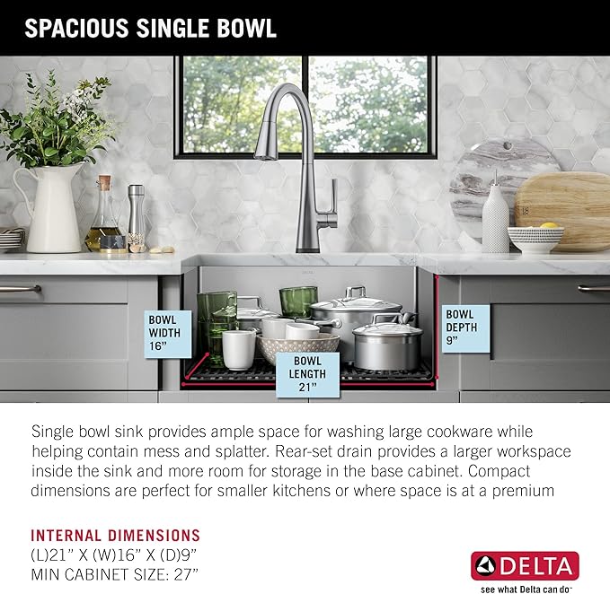 DELTA FAUCET Delta Lenta 23-inch Undermount 16 Gauge Stainless Steel Single Bowl Kitchen Sink with Accessories, 953034-23S-SS, Satin