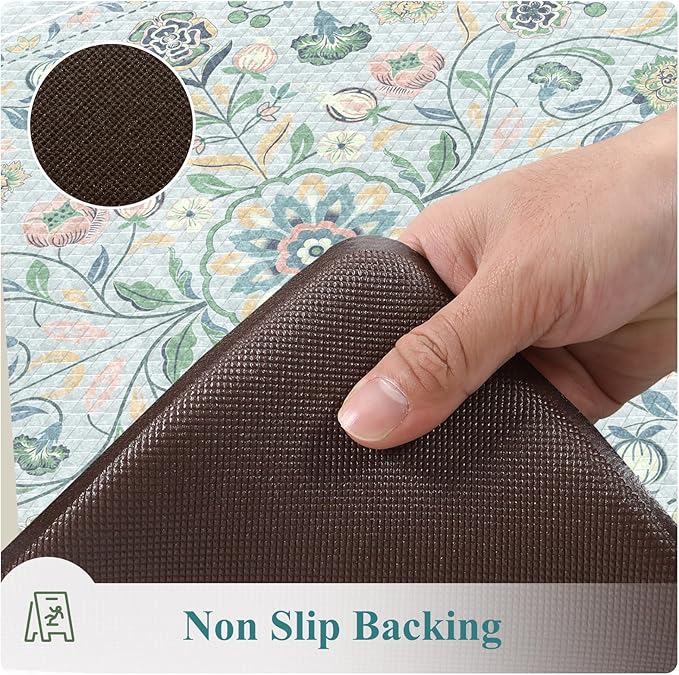 KIMODE Comfort Anti Fatigue Mats for Kitchen Floor,Boho Floral Kitchen Rugs Sets of 2 Non Slip,Cushioned Memory Foam Kitchen Mat Carpet for Laundry Sink Bathroom Office,Blue
