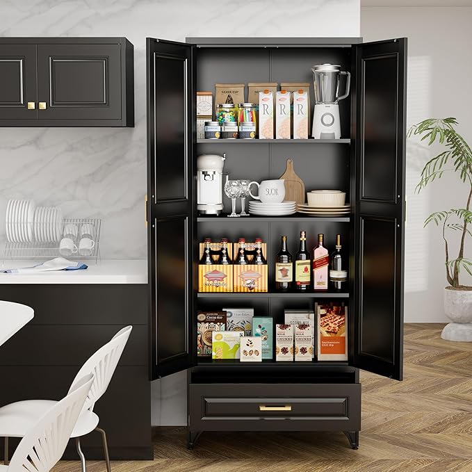 75" Tall Metal Storage Cabinet, Kitchen Pantry Storage Cabinets with Doors and 3 Shelves, Black Pantry Cabinet with Drawer, Utility Kitchen Cupboard, Large Steel Cabinets for Dining Room