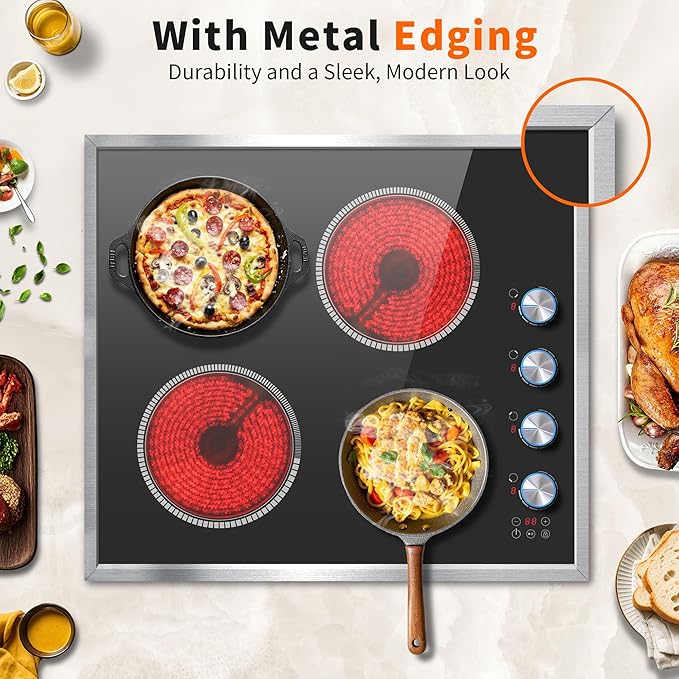 4 Burner Electric Cooktop, 24 Inch Electric Stove 6000W, 220V-240V Built-in Ceramic Stovetop with Knob Control, Child Lock, Timer Control, Residual Heat Indicator, Hard Wire(No Plug)