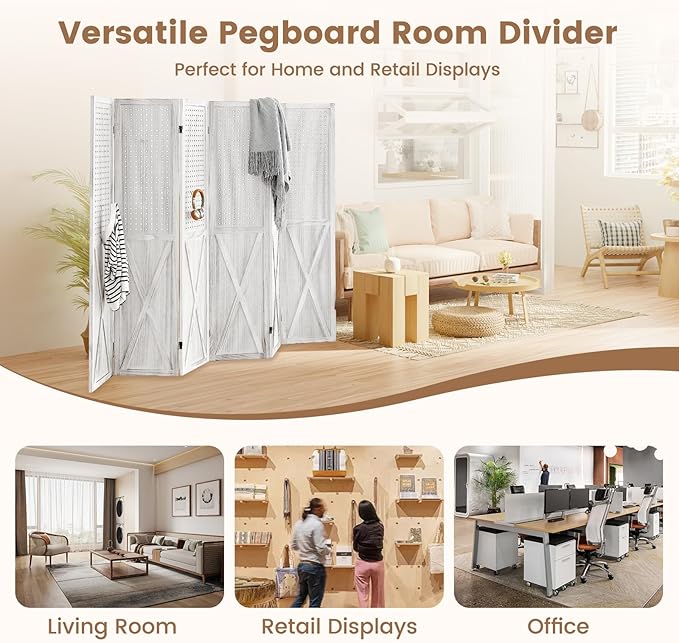 6 Panel Pegboard Room Divider, 5.6Ft Pegboard Display Folding Privacy Screens, Wood Room Divider Peg Board Display Freestanding for Trade Show Craft Show Home Wall Organizer, Retro White