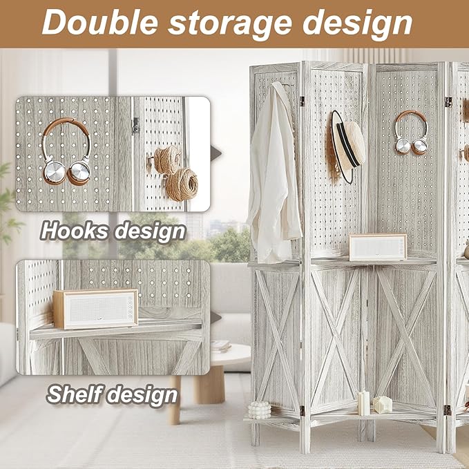 6 Panel Pegboard Display with 24 Hooks, Wooden Pegboard Room Divider Wall with Shelf, Partition Room Dividers and Folding Privacy Screens, Bedroom, Jewelry Store, White