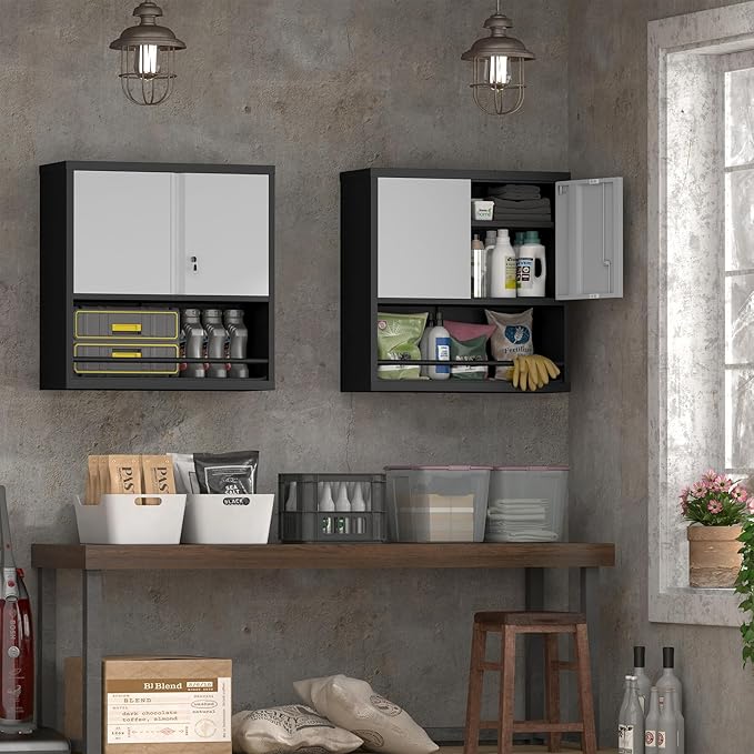 Wall Cabinet,Garage Cabinets Wall Mounted with Locking Doors,Hanging Cabinet with Adjustable Shelf,Floating Upper Storage Cabinet,Grey