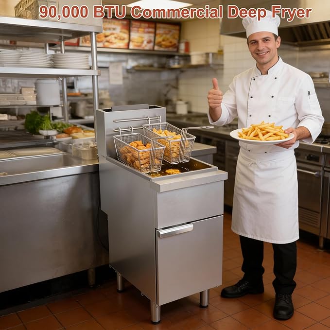 Commercial Deep Fryer, 3-Burner Fryer for Restaurants, Stainless Steel Gas Floor Fryer with 2 Baskets and Adjustable Temperature, Liquid Propane Powered, 40 LBS Capacity, 400°F, 90,000 BTU