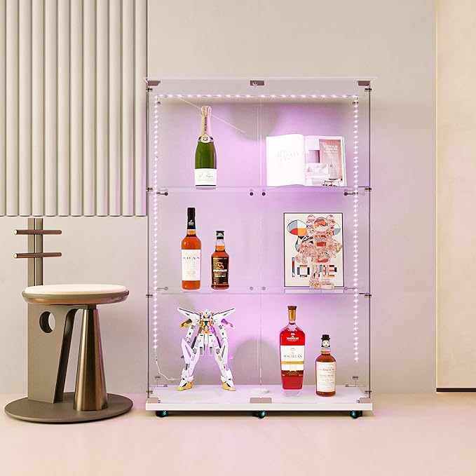 Glass Display Cabinet with LED Light Strip, 3 Shelves with 2 Doors, Glass Top Curio Storage Cabinets with Lock & Caster for Living Room,Floor Standing Bookshelf, Quick Installation - White
