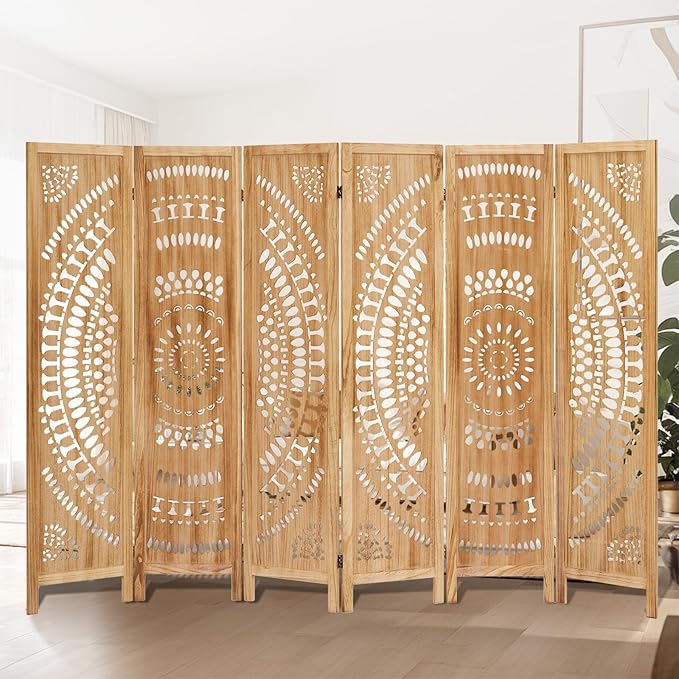 6 Panel Room Divider, 5.6 Ft Foldable Wood Room Divider Screen, Hand-Woven Folding Privacy Screens with Double Hinges, Wall Divider for Room Separation Bedroom Home Office - Carved Natural
