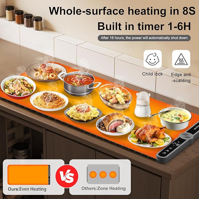 Extra Large Warming Mat for Food XXL:40”X15” Soft Electronic Food Warmers for Parties Buffet Silicone Food Warming Mat 6-Level Timer 9-Level Temp Control 18H Auto-Off 8S Fast Heating Grey