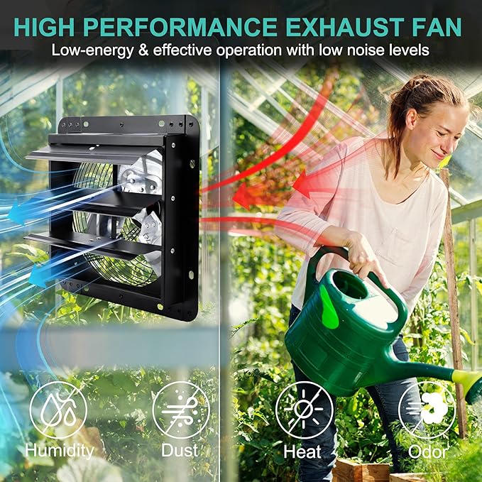 14 Inch Wall Mounted Shutter Exhaust Fan with Thermostat and Speed Controller for Attic, Greenhouse, Shed, Garage, Chicken Coop, Shop, Barn Ventilation, 1088 CFM High Power Louvered Vent Fan