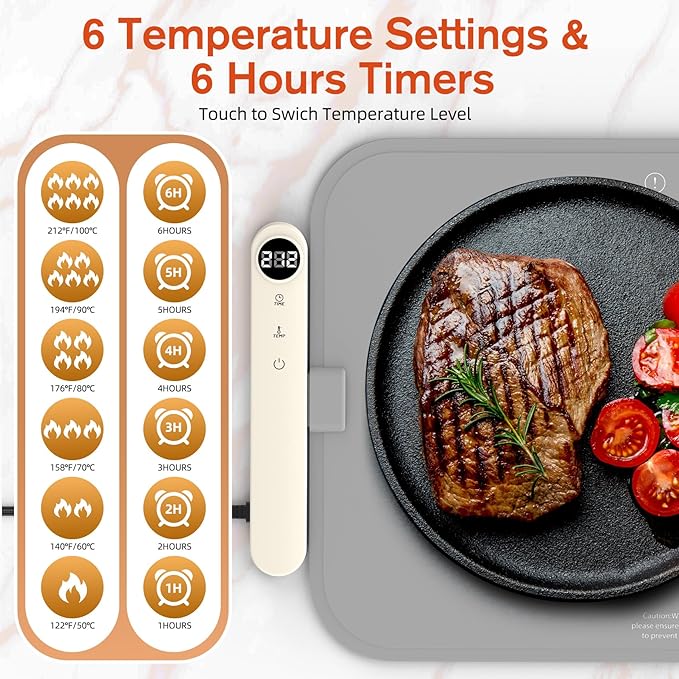 Food Warming Mat, Electric Buffet Warmer with 6 Temp & 6H Timer, Rapid Even Heating for Plates & Entrees, Roll-Up Heat Insulating Pad Protects Countertops, for Parties, Holiday Gatherings