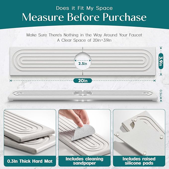 Stone Faucet Mat for Kitchen Sink – Diatomite Drying Stone Mat & Sink Protector, Prevents Moisture – Sink Splash Guard Water-Absorbing Stone Tray for Bathroom Counter (Light Grey, 20" x 3.9")