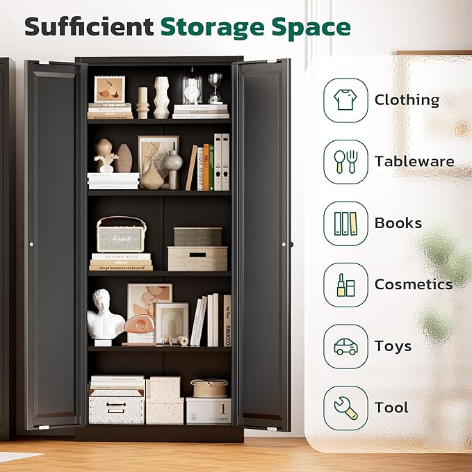 Greenvelly Metal Cabinet, 63" H Black Metal Storage Cabinet with Doors and 4 Shelves, Pantry Storage Cabinet for Kitchen, Bedroom, Living Room, Office (Modern)