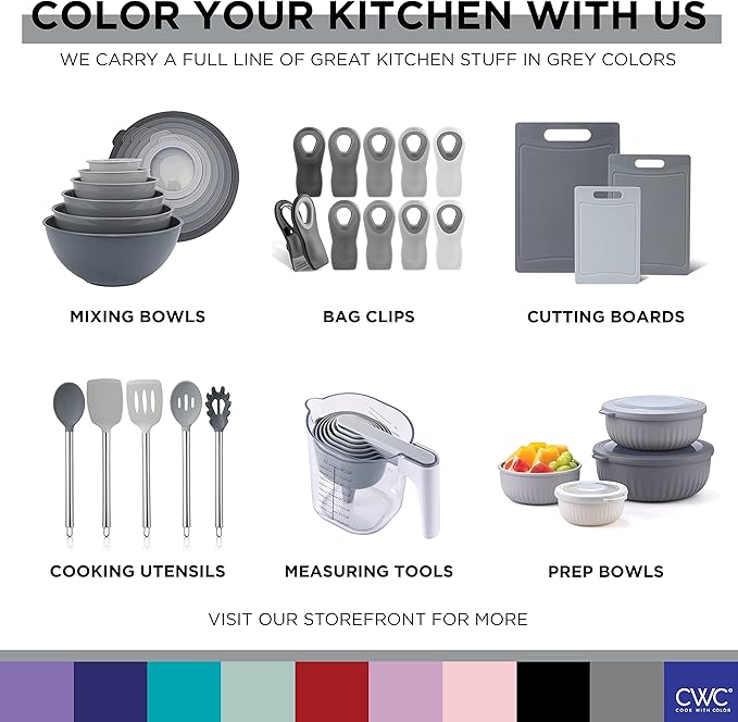 COOK WITH COLOR Mixing Bowls Set with TPR Lids - 12 Piece Plastic Nesting Bowls Set includes 6 Prep Bowls and 6 Lids, Microwave Safe (Grey)
