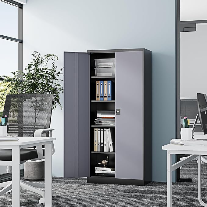 Metal Storage Cabinet-72” Tall Steel File Cabinets with Lockable Doors and Adjustable Shelves-Black&Gray Steel Storage Cabinet for Kitchen, Office, Garage