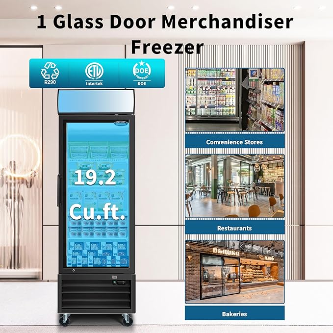 Glass Door Merchandiser Freezer 19.2 Cu.ft Swing Door Commercial Reach-In Display Freezers with LED Top Panel Upright Freeze Storage (1 Door)