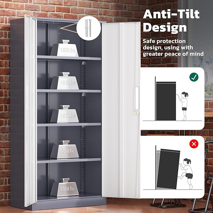 Greenvelly Metal Storage Cabinet with 2 Doors and 4 Adjustable Shelves, 72”H Metal Cabinet Lockable Storage Cabinet,Tall Locking File Cabinet for Office,Home, Garage, Gym, School