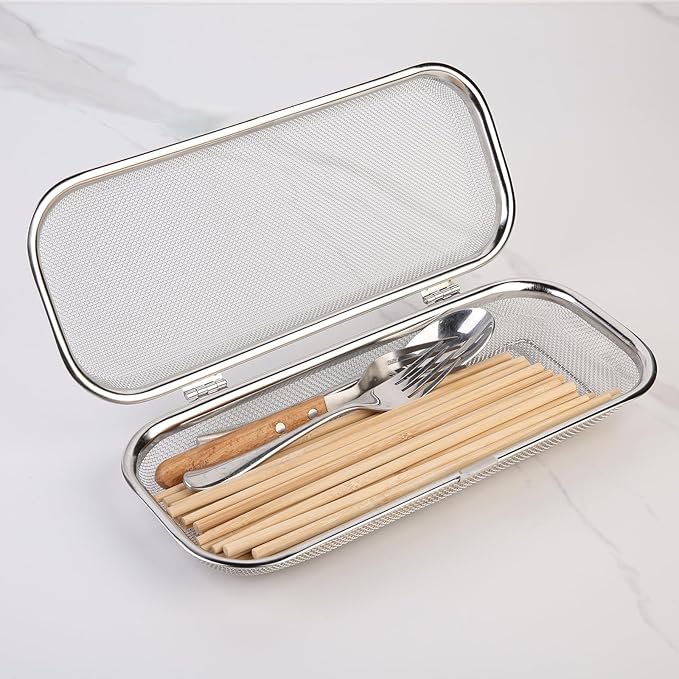 Dishwasher Basket for Small Items, 18/8 Food-Grade Stainless Steel Utensil Organizer with Locking Lid, Dishwasher Safe Holder for Chopsticks, Forks, Spoons, Bottle Parts and Kitchen Tools(Large)
