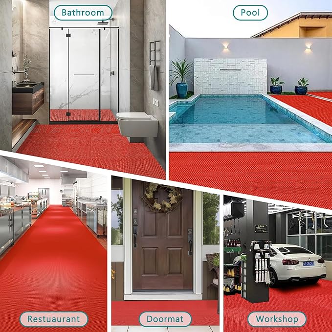 WochiTV Non Slip Drainage Mats PVC Pool Floor Mat 0.23'' Thick Outdoor Indoor Parking Space Mat for Bathroom Garage Basement Backyard Commercial Kitchen 3x16.6Ft Red