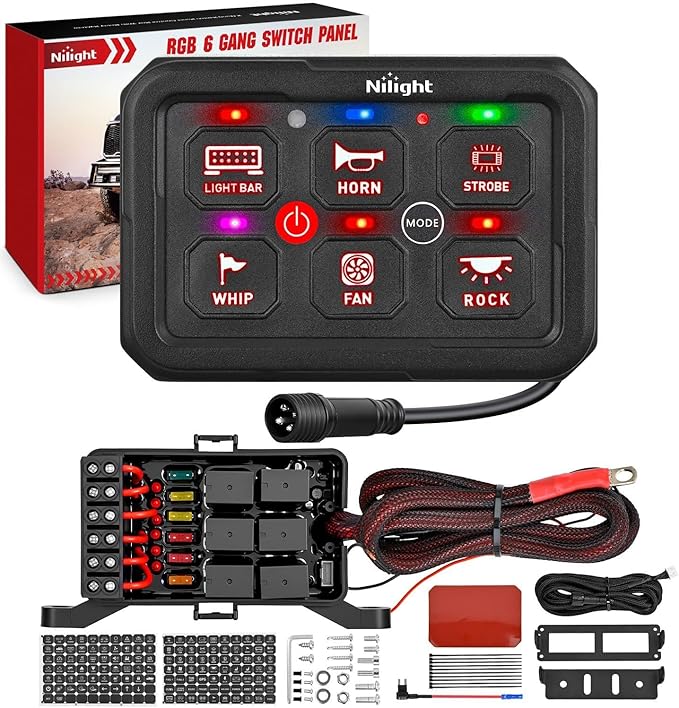 Nilight 6 Gang Switch Panel Red Circuit Control Relay System with Fuse Wiring Harness Toggle Momentary Strobe Flash Modes Automatic Dimmable ON Off Pod 12V 24V for Car Truck Camper SUV