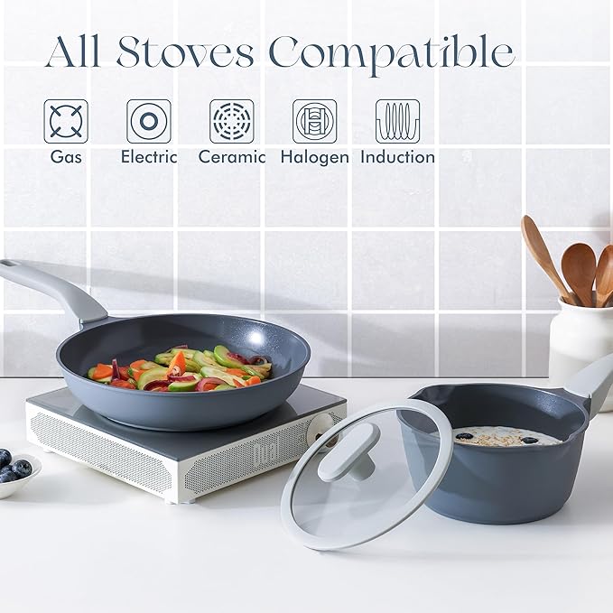 PRICUSIS Nonstick Ceramic Frying Pan Skillet, 8+10 Inch Induction Compatible with Stay Cool Handle, Healthy PTFE PFAS & PFOA Free Omelet Pan, Dishwasher Safe (Blueberry Gray)