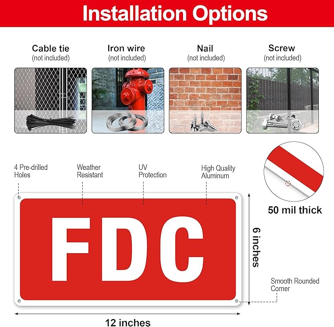FDC Sign, 2 Pack FDC Sign Outdoor Aluminum Metal Sign, FDC Signs for Fire Department Connection, UV Protected Weather Resistant and Easy to Install (Size: 12x6 inches)