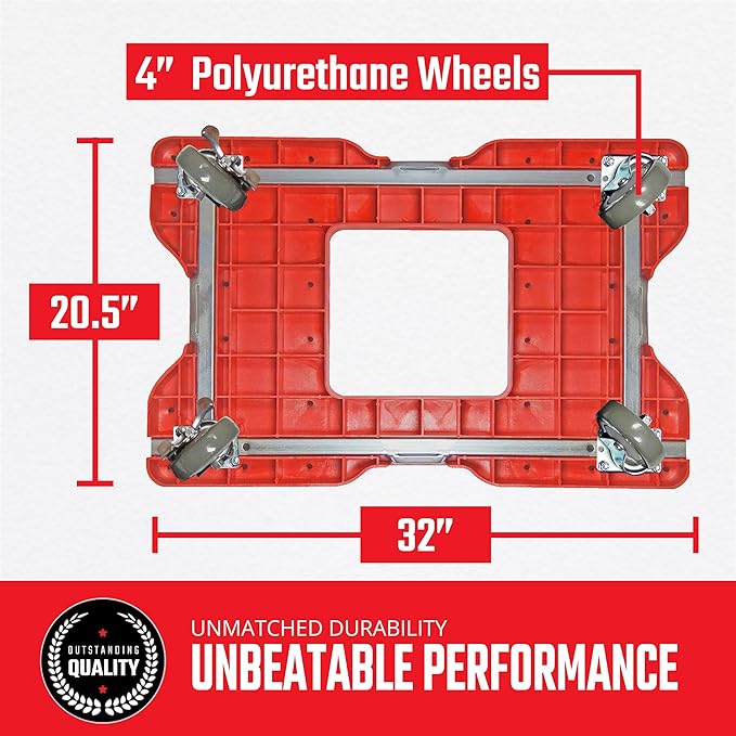 SNAP-LOC, Heavy Duty Push Cart Moving Dolly 4 Wheels, 1,500 lb with Push Bars, 4 Inch Casters, Dollies for Moving Cargo, E Strap Attachment Included, Red