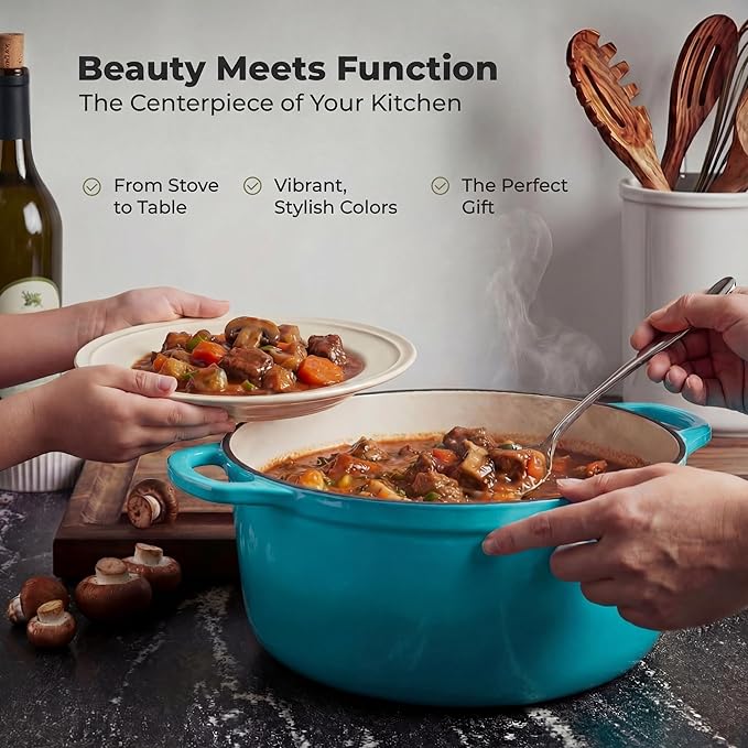 Zulay Kitchen 6 Quart Enameled Cast Iron Dutch Oven with Lid – Premium Durability & Oven Safe up to 500°F – Heavy Duty Cookware Perfect for Bread Baking, Stews, Braising & Roasting – Light Blue