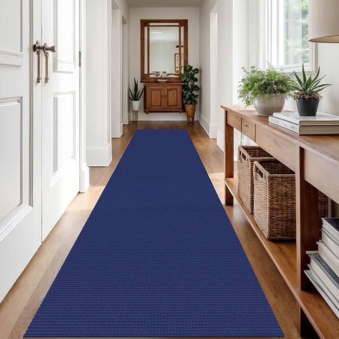 IOHOUZE Washable Runner Rug 3x12 Non Slip Rubber Backed Extra Long Hallway Runner Entryway Runner Indoor, Kitchen Rugs Woven Cotton Floor Carpet for Hall Entrance, Royal Blue/Navy