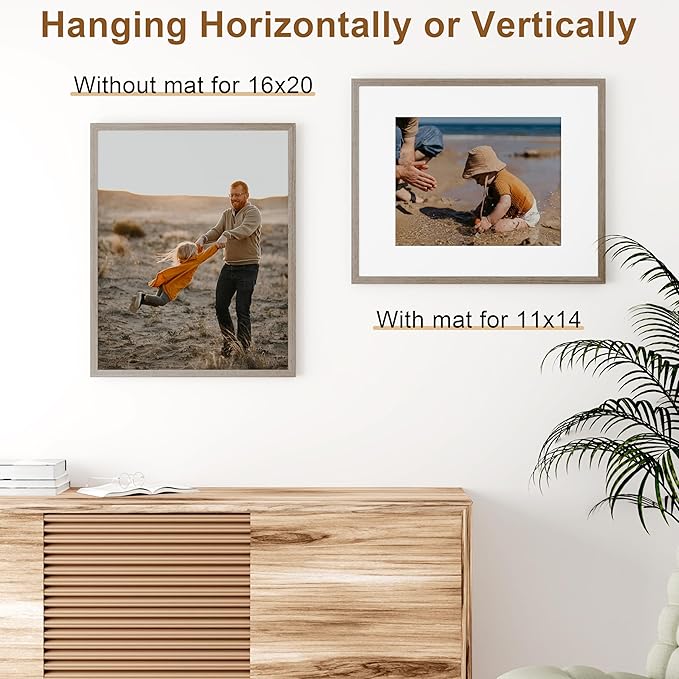 Vittanly 16x20 Picture Frame, Solid Wood Frame with Plexiglass, Includes 11x14 Mat, Wall Hanging for Photos, Home Decor, Light Brown, 1 Pack