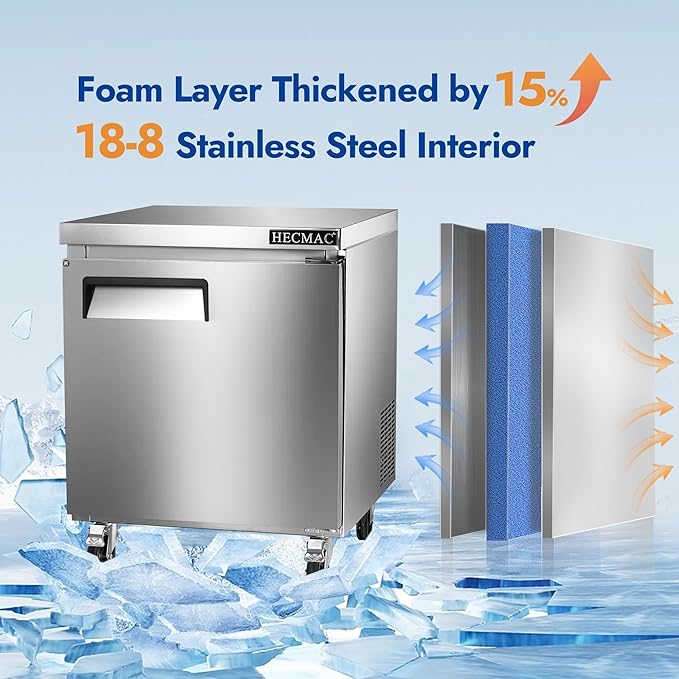 HECMAC 27" Commercial Freezer, 7.2 Cu.ft Worktop Undercounter Fridge with Single Solid Door, -8~0℉, 18-8 Stainless Steel Interior, ETL&NSF/ANSI 7 for Restaurant, Bar, Shop, Kitchen Use