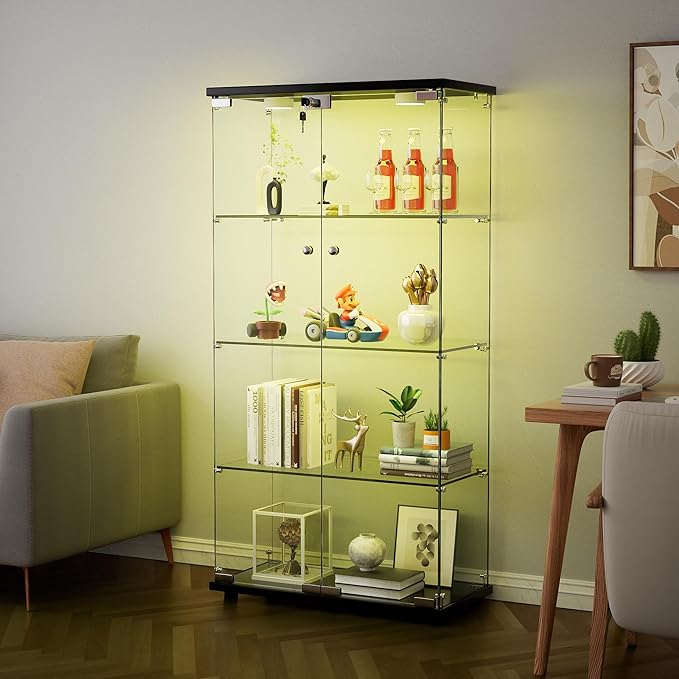 Yoluckea 4 Shelves Glass Display Cabinet with LED Light and 2 Doors,Floor Standing Clear Glass Curio Collection Display Cabinet for Living Room Bedroom 64.7” x 31.7” x 14.3” Black
