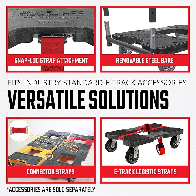 SNAP-LOC, All Terrain 4 Wheel Black Push Cart Dolly, Heavy Duty Dolly Cart, 6 Inch Casters, Push Bar & E Strap Attachment Included, 1,500 lb Capacity, Made in USA, Black