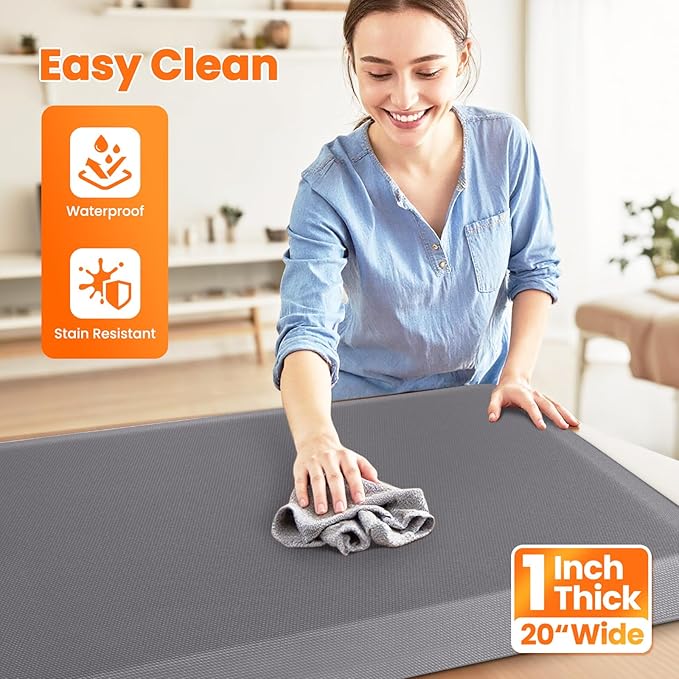 Kitchen Mats for Floor, 1 Inch Extra-Thick Kitchen Rugs, Non-Slip & Waterproof Standing Desk Mat, Comfort Anti Fatigue Mats for Kitchen Floor, Home, Sink, Office (20" X 39", Grey)