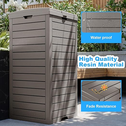 Outdoor Trash Can with Lid, Outdoor Trash Bin & Pull-Out Liquid Drawer, Dual Lid Closure Design, Waterproof Resin Garbage Can Container for Patio, Backyard, Deck (Grey, 38 Gallon)