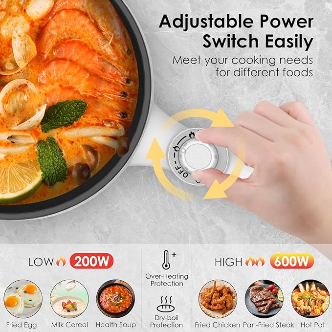 Audecook Hot Pot Electric, 1.7L Mini Electric Skillet Portable Nonstick Sauté Pan with Power Adjustment, Ramen Cooker Travel Multicooker for Steak/Soup/Egg/Oatmeal/Noodles (Tongs for Cooking Included)