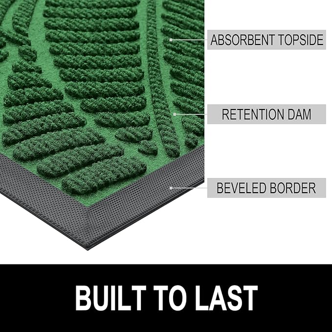 Colorxy Waterproof Doormat, Sturdy Natural Rubber Front Indoor Mat, Non Slip Low Profile Indoor Outdoor Door Mats, Stain and Fade Resistant Floor Mat, Easy Clean Patio Entrance Mat, 36''x24'', Green