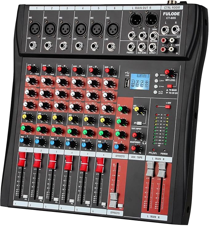 6 Channel Mixer Audio Console, CT-60S Professional Music Mixer DJ Mixing Board with Reverb Bluetooth MP3 Player 48V Phantom Power Supply USB Recording for Studio Karaoke Live Performance