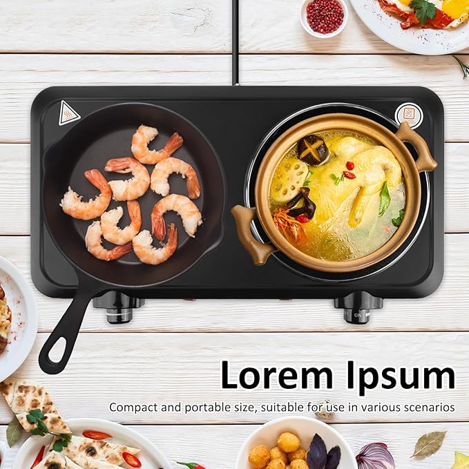 1800W Infrared Double Burner Electric, Portable Hot Plate for Cooking, Countertop Burner with 7.5” & 6.3” Glass Plate Cooktop with Stepless Temperature Adjustments for Kitchen, RV, Dorm