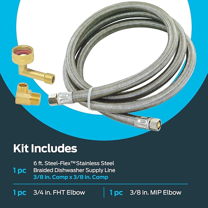 Eastman 6 Ft. Dishwasher Installation Kit, Braided Stainless Steel Supply Line with 3/8 Inch Compression Ends, 41045