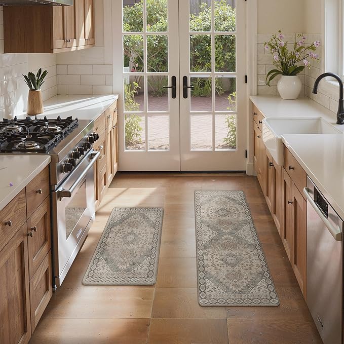 GENIMO Kitchen Mats for Floor, 2PCS Kitchen Rugs Non Slip Washable, Waterproof Anti Fatigue Mat, Comfort Standing Runner Rug for Sink, Office, Laundry, Home, 17.3"x47"+17.3"x30", Blush Camel