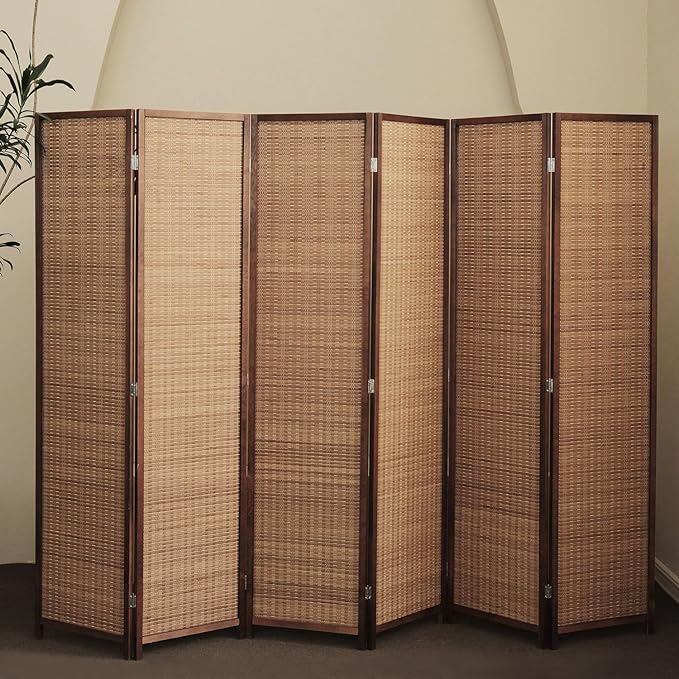 6 Panel Bamboo Room Divider and Folding Panel Screen,Bamboo Panel Divider for Room Separation,Brown,67" H x 92.1" W