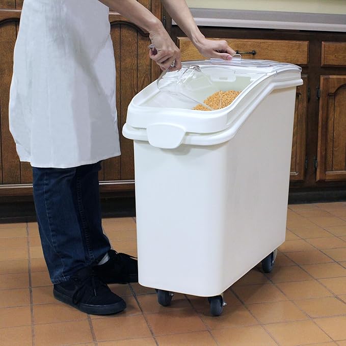 TrueCraftware- 21 Gallon (335 Cups) Shelf Ingredient Bin White with Clear Sliding Lid Casters & Measuring Scoop- Plastic Kitchen Pantry Storage Bin for Dry Food Flour Sugar Kitchen Restaurant