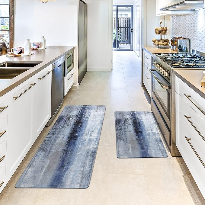 MAYHMYO Anti Fatigue Kitchen Mat - Set of 2 - Blue and Marble Design Comfort Mats - Cushioned, Non Slip Floor Mat