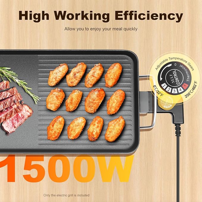 27"x11" Electric Griddle, Aluminum Alloy Teppanyaki Grill, 1500W Fast Even Heating Long Countertop Griddle, 5Gear Adjustable Tempt Non-stick Sloped Cooking Surface w/Hassle-Free Clean Up