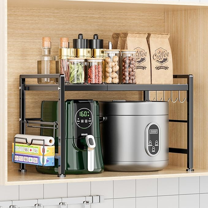 Extendable Microwave Oven Rack - Adjustable Kitchen counter shelf, 2 Tier Microwave Stand (L15.7~23.6" xW12.8 xH17.7) with 6 Hooks for Kitchen Countertop Organizer (Black)